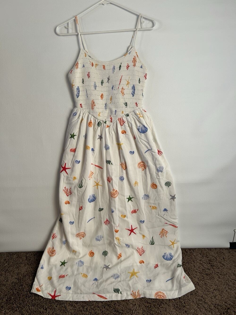 A New Day XS White Smocked Sundress Seashell Starfish Print Midi Dress Summer
